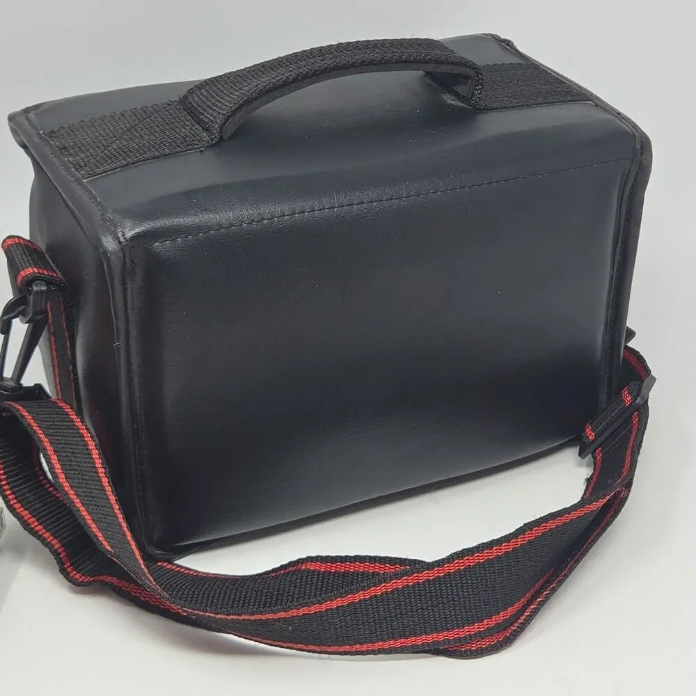 Vintage Official CANON Leather Case Black Red w/ Shoulder Strap 80s Footed